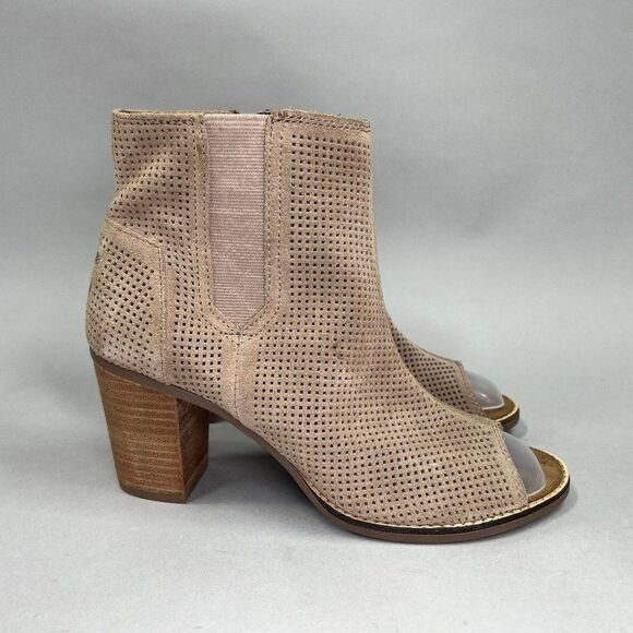 Toms Women's Size 9 Perforated Brown Suede Peep Toe Ankle Boots - Picture 1 of 12
